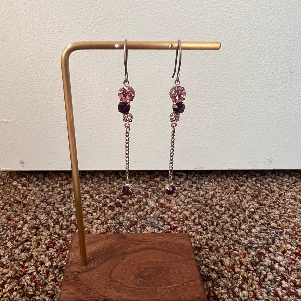 Pink crystal silver tone dangle earrings long dainty thin shiny bling
